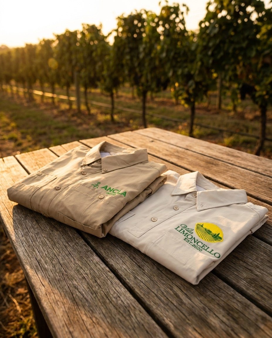 Polos Ancla Agro y Villa Limoncello bordados, en la finca